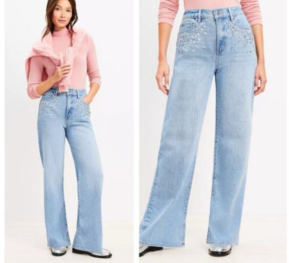 LOFT The Wide Leg Bedazzled Jeans High Rise Statement Denim Size 29